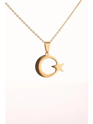 Altın Renk Ay Yıldız Çelik Kolye Kararmaz Paslanmaz Çelik Anlamlı ve Şık (Unisex)