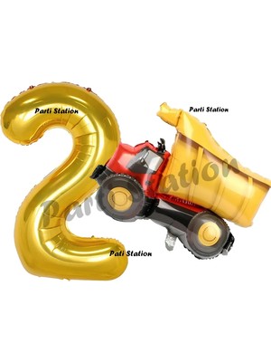 Parti Station Inşaat Konsept 2 Yaş Doğum Günü Balon Set Kamyon Balon ve Gold Rakam Balon Doğum Günü Set