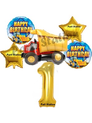 Parti Station Inşaat Konsept 1 Yaş Doğum Günü Balon Set Kamyon Balon ve Gold Rakam Balon Doğum Günü Parti Set