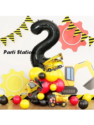 Parti Station Inşaat Tema 2 Yaş Doğum Günü Balon Karşılama Seti Dozer Kamyon Mikser Konsept Parti Balon Seti