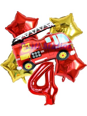 Parti Station Itfaiye Fireman Balon 4 Yaş Doğum Günü Balon Set Araçlar Konsept Itfaiye Balon ve Rakam Balon
