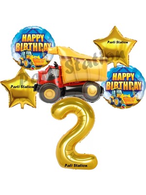 Parti Station Inşaat Konsept 2 Yaş Doğum Günü Balon Set Kamyon Balon ve Gold Rakam Balon Doğum Günü Parti Set