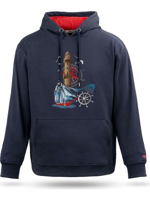 Tarrzzcom Unisex Deniz Feneri ve Yelkenli  Tasarım Kapşonlu Sweathirt %100 Pamuk 3 Iplik Kanguru Cepli Hoodie