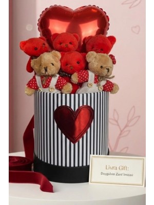 Kalp Balonlu Kırmızı ve Giysili Peluş Ayıcık Buketi & Özel Seri Love Hediye Kutusu - Kadınlar Günü Özel