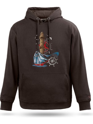 Tarrzzcom Unisex Deniz Feneri ve Yelkenli  Tasarım Kapşonlu Sweathirt %100 Pamuk 3 Iplik Kanguru Cepli Hoodie