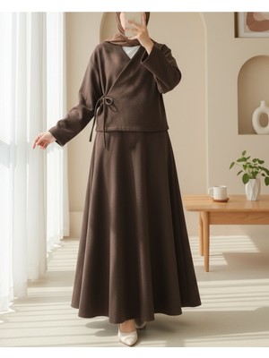 Modamorfo Önü Bağlamalı Etekli Kaşe Kimono Takım -Kahve