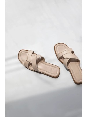 Straswans Samira  Kadın Tek Bant  Günlük Deri Terlik Bej