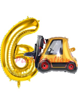 Parti Station Inşaat Forklift Kamyonu Balon 6 Yaş Doğum Günü Balon Set Iş Makinaları Konsept ve Gold Rakam Balon