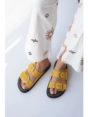 Straswans Zowie Kadın Toka  Detay  Günlük Konfor Süet Terlik Sarı