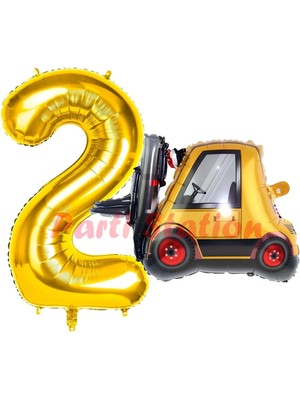 Parti Station Inşaat Forklift Kamyonu Balon 2 Yaş Doğum Günü Balon Set Iş Makinaları Konsept ve Gold Rakam Balon