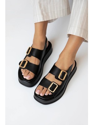 Straswans Renato Kadın Toka Detay Günlük Deri Sandalet Siyah