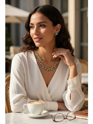 Alya's Aksesuar Kc Altın Kaplama Yeşil Yaprak Takı Seti