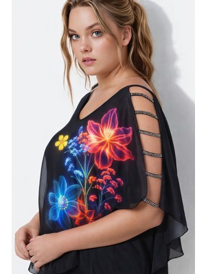 Mamayaga Kadın V Yaka Taşlı Şeritli Kol Tasarımlı Asimetrik Şifon Astarlı Tasarım Şık Büyük Beden Curve Bluz