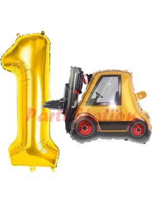 Parti Station Inşaat Forklift Kamyonu Balon 1 Yaş Doğum Günü Balon Set Iş Makinaları Konsept ve Gold Rakam Balon