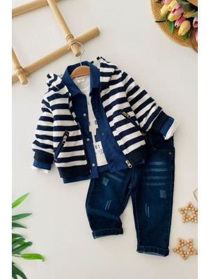 Miniğimin Cicileri Çizgili Triko Hırkalı Gömlekli Erkek Çocuk 4’lü Kot Takım - Lacivert