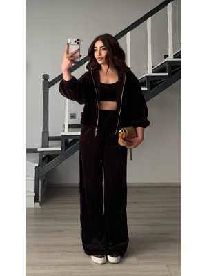 Elisin Acı Kahve Kadife 3'lü Takım