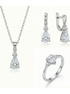 Baleno Concept 925 Ayar Gümüş Damla Model Zirkon Taşlı 3'lü Takı Seti - Kolye, Küpe, Yüzük