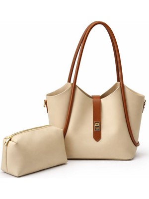 Genel Lüks Krem Kadın El ve Omuz Çantası Iç Çantalı Tote Çanta Seti – Krem Saplı Şık Günlük Büyük Hacimli Kadın Çanta
