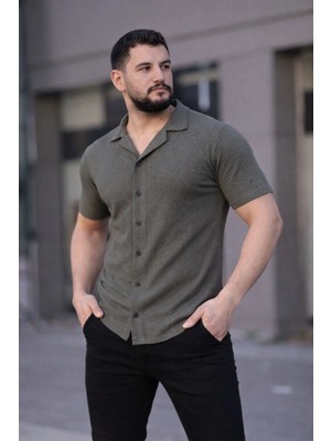 Glam Love Erkek Waffle Kumaş Kısa Kollu Düğmeli Açık Yaka Regular Fit Gömlek - Haki