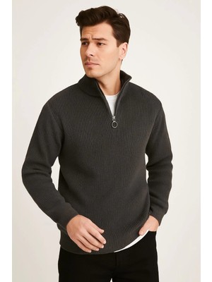 Glam Love Yarım Fermuarlı Triko Kazak – Selanik Örgü, Dik Yaka, Pamuklu Dokuma, Regular Fit Uzun Kollu Kışlık Model - Füme