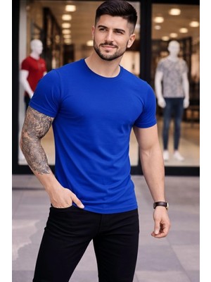 Glam Love Erkek T-Shirt Bisiklet Yaka Slim Fit Dar Kesim Likralı Tişört Günlük Basic Body - Saks Mavisi