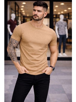 Glam Love Erkek T-Shirt Bisiklet Yaka Slim Fit Dar Kesim Likralı Tişört Günlük Basic Body - Kahverengi