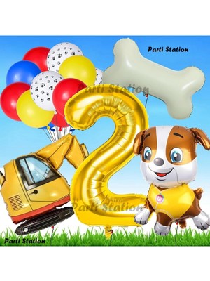 Parti Station Paw Patrol Rubble Dozer Araçlı Köpek Konsept 2 Yaş Doğum Günü Parti Balon Set Paw Patrol Kemik Balon