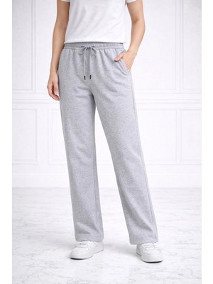 Glam Love Kadın Düz Paça Beli Lastikli Ipli Günlük Spor Eşofman Altı Rahat Fit - Gri