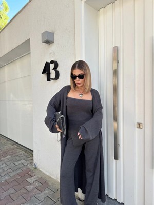 Glam Love Kadın Triko 3 Parça Takım Straplez Üst Pantolon Uzun Hırka - Füme