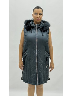 AlanyaXXL Büyük Beden Fermuarlı Kürklü Kapüşonlu Cepli Kapitone Kadın Uzun Yelek