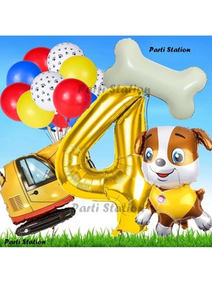 Parti Station Paw Patrol Rubble Dozer Araçlı Köpek Konsept 4 Yaş Doğum Günü Parti Balon Set Paw Patrol Kemik Balon