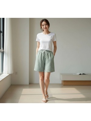 Glam Love Kadın Pötikareli Şort – Beli Lastikli Bağcıklı, Cepli, Rahat Kesim Günlük Yazlık Şort - Mint Yeşili