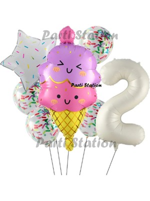 Parti Station Dondurma Ice Cream Konsept Doğum Günü 2 Yaş Balon Set Yaz Tema Sevimli Dondurma Folyo Balon Set