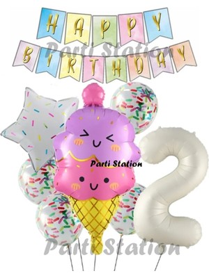 Parti Station Ice Cream Dondurma Konsept Doğum Günü 2 Yaş Balon Set Yaz Tema Sevimli Dondurma Folyo Balon Set