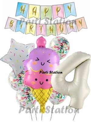 Parti Station Ice Cream Dondurma Konsept Doğum Günü 4 Yaş Balon Set Yaz Tema Sevimli Dondurma Folyo Balon Set