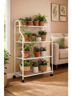 Modern Beyaz Tekerlekli 4 Katlı Metal Çiçeklik Standı: Çok Amaçlı Mutfak,kitaplık&dekoratif Lüks Stand