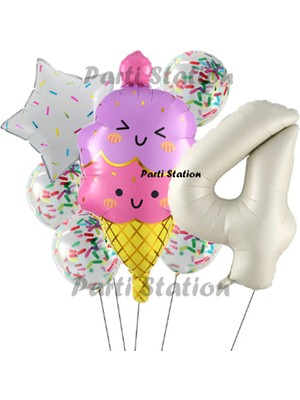 Parti Station Dondurma Ice Cream Konsept Doğum Günü 4 Yaş Balon Set Yaz Tema Sevimli Dondurma Folyo Balon Set