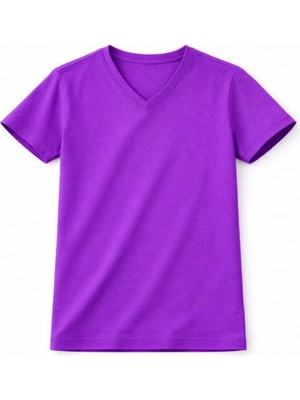 Glam Love Genç Kız Çocuk V Yaka Tişört Yazlık Model Günlük Basic Body - Mor