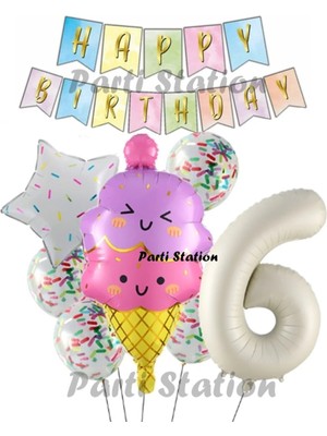 Parti Station Ice Cream Dondurma Konsept Doğum Günü 6 Yaş Balon Set Yaz Tema Sevimli Dondurma Folyo Balon Set