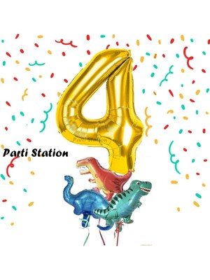 Parti Station Altın Renk Rakam Balonlu Küçük Boy Dinozor Balonlu 4 Yaş Dinozor Konsept Doğum Günü Parti Balon Set