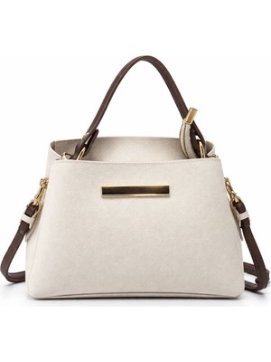 Genel Lüks Krem Beyaz Kadın El Çantası Saffiano Deri Görünümlü Çapraz Askılı Omuz Çantası – Altın Aksesuarlı Minimal Şık Günlük Çanta