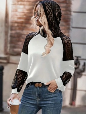paris store Kadın Uzun Kollu Dantelli Kapşonlu Viskon Iki Iplik Bluz