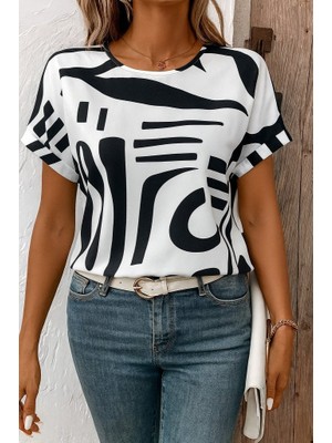 paris store Kadın Kısa Kollu Yuvarlak Yaka Desenli Süprem Bluz