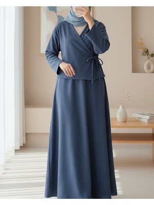Moda Morfo Önü Bağlamalı Etekli Kaşe Kimono Takım -İndigo