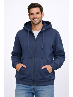Justas Erkek indigo şardonlu Kapşonlu kanguru boydan fermuarlı Üçiplik Sweatshirt