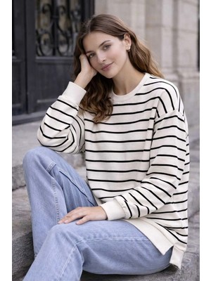 Tenra Oversize Geniş Kalıp Kadın Sweatshirt Bisiklet Yaka Basic Çizgili