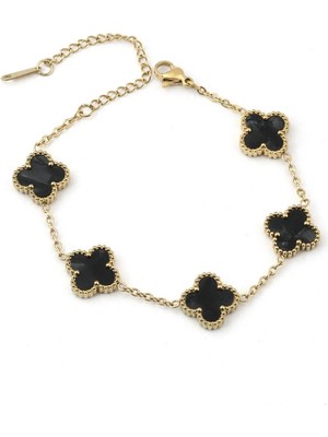 Stainless Stell Zincir Detaylı Siyah Yonca Bileklik