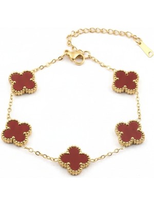 Stainless Stell Zincir Detaylı Bordo Yonca Bileklik