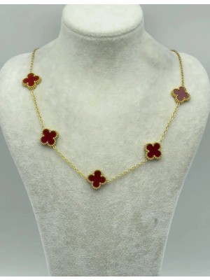 Gold Renkli Kırmızı & Bordo Yonca Figürlü Çelik Kolye