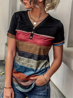 paris store Kadın Kısa Kollu V Yakalı Düğmeli Çok Renkli Süprem Bluz